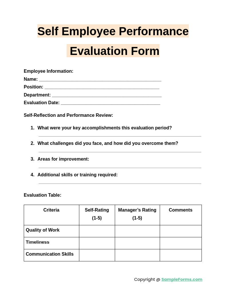 self employee performance evaluation form