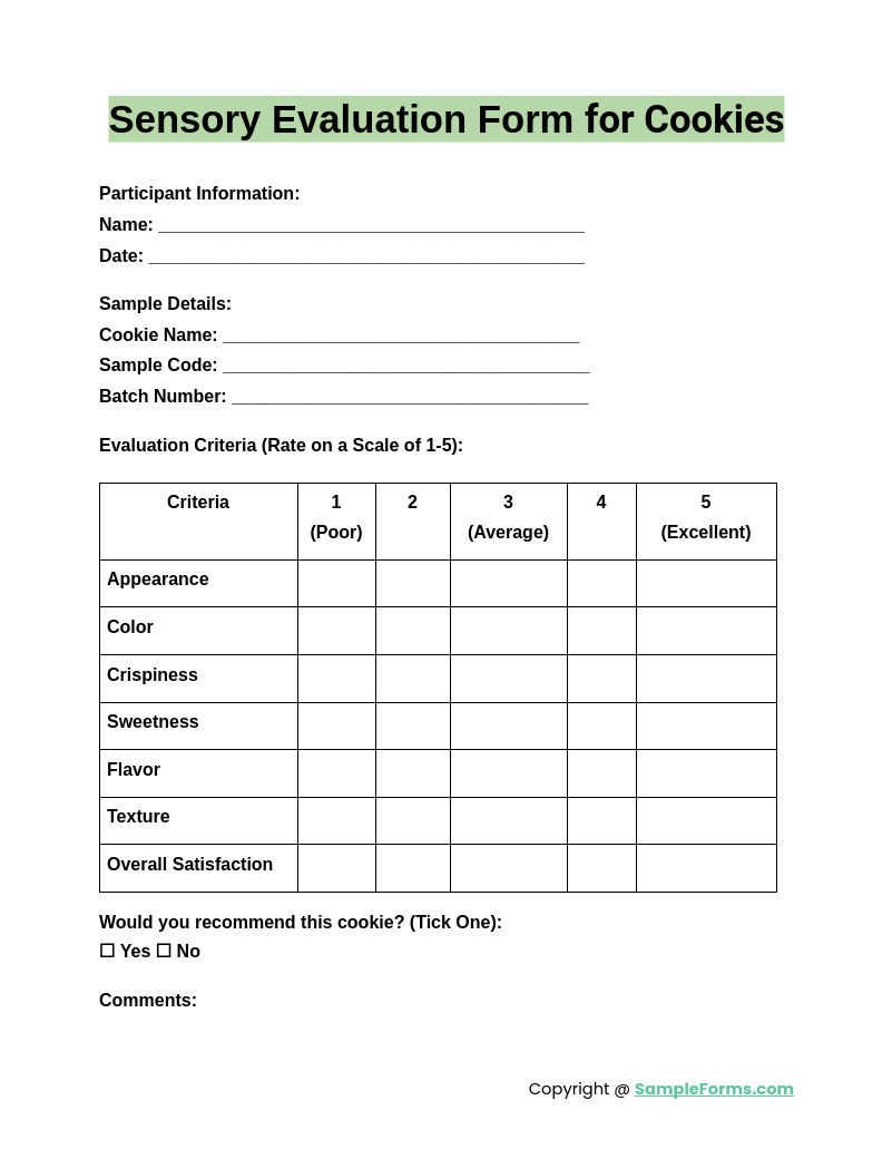 sensory evaluation form for cookies