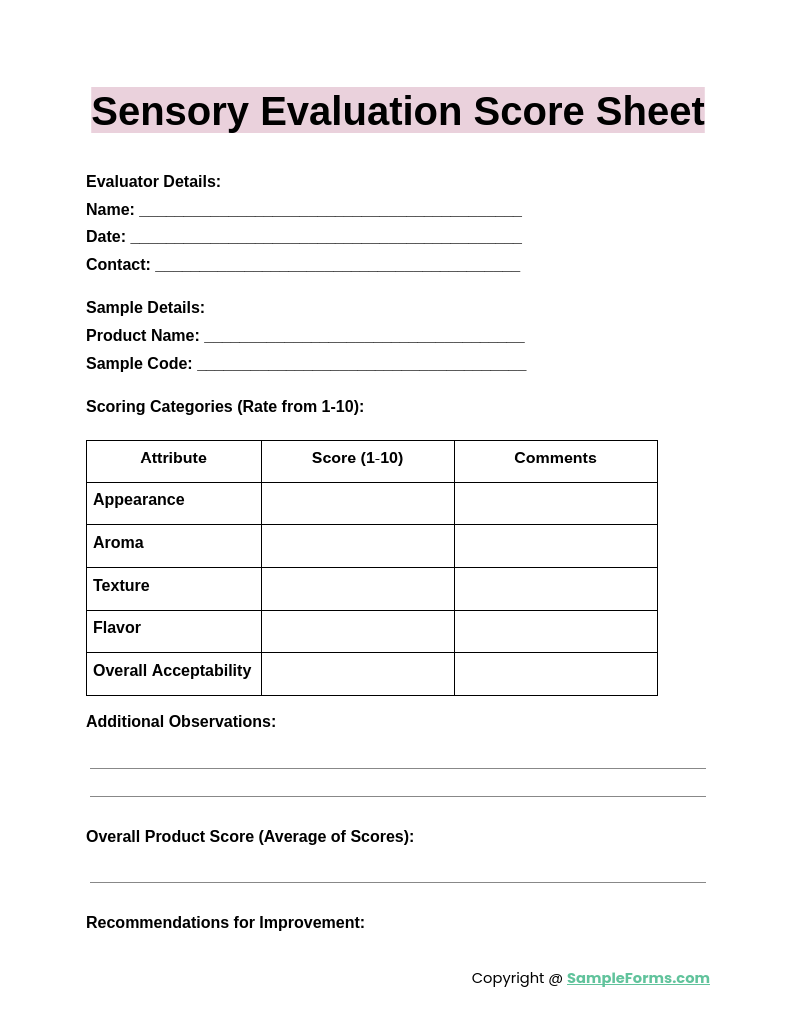 sensory evaluation score sheet