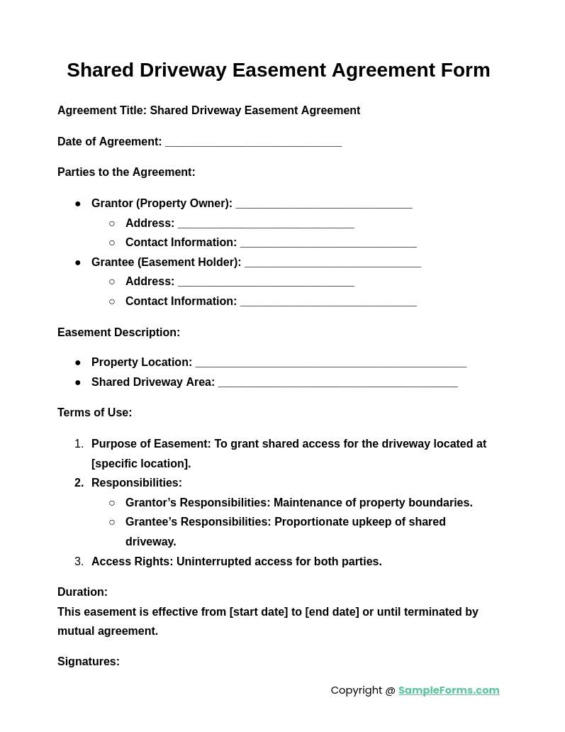 shared driveway easement agreement form