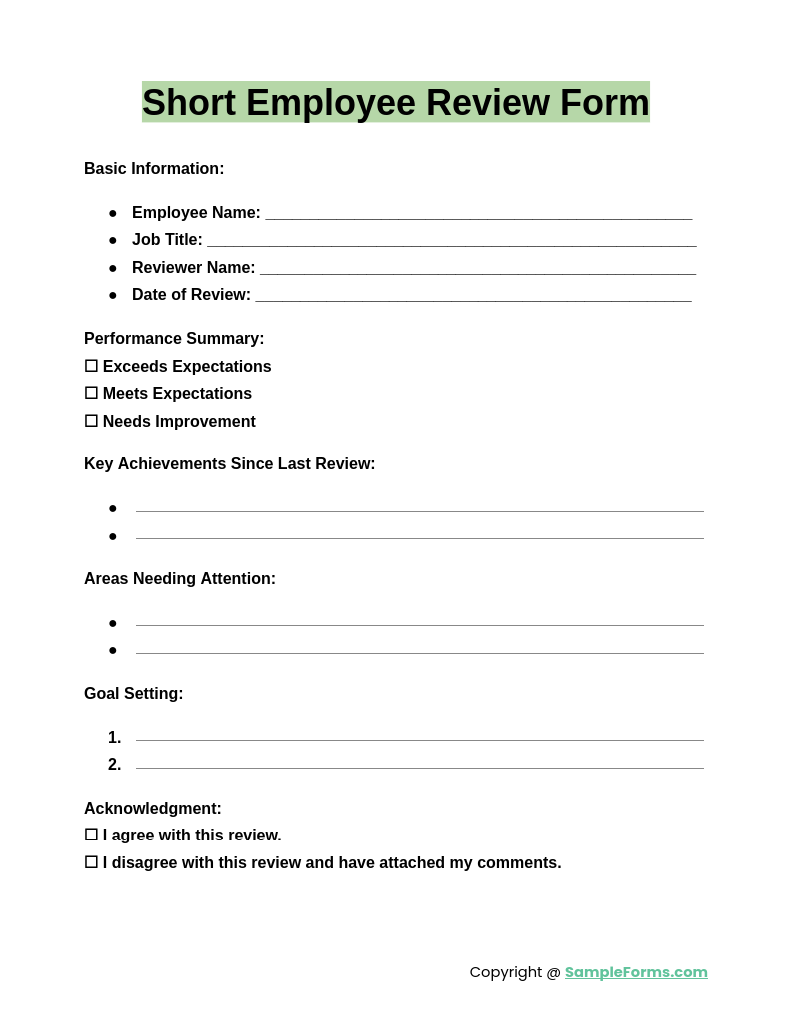 short employee review form