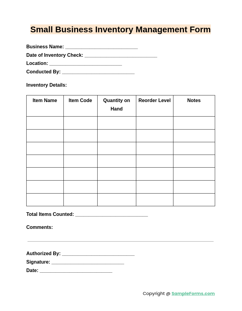 small business inventory management form