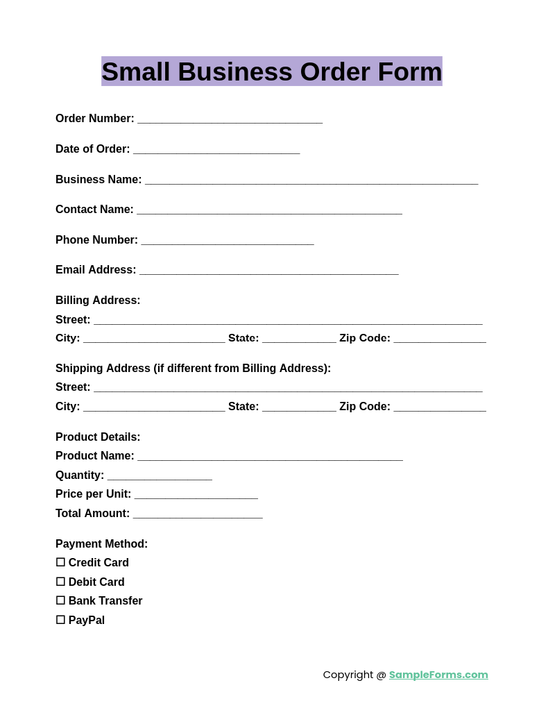 small business order form