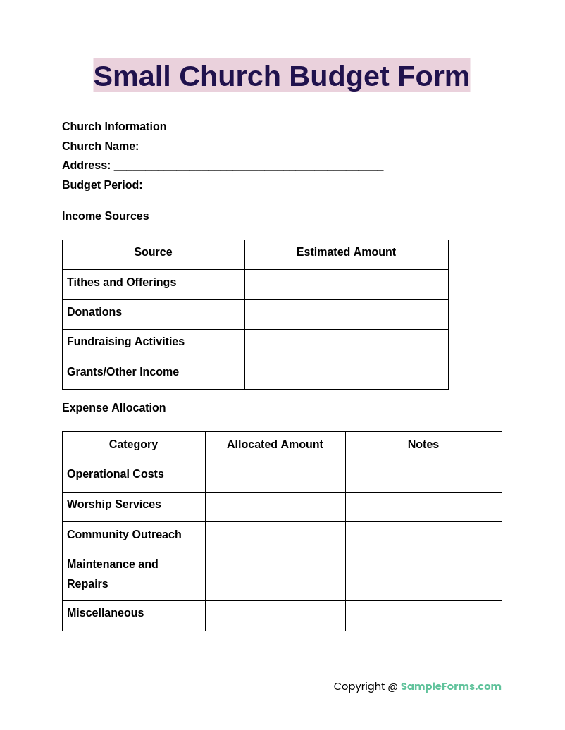 small church budget form