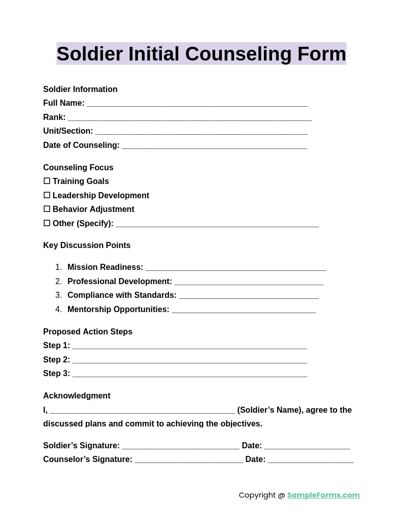 soldier initial counseling form