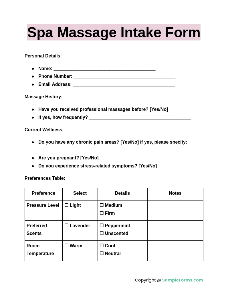 spa massage intake form