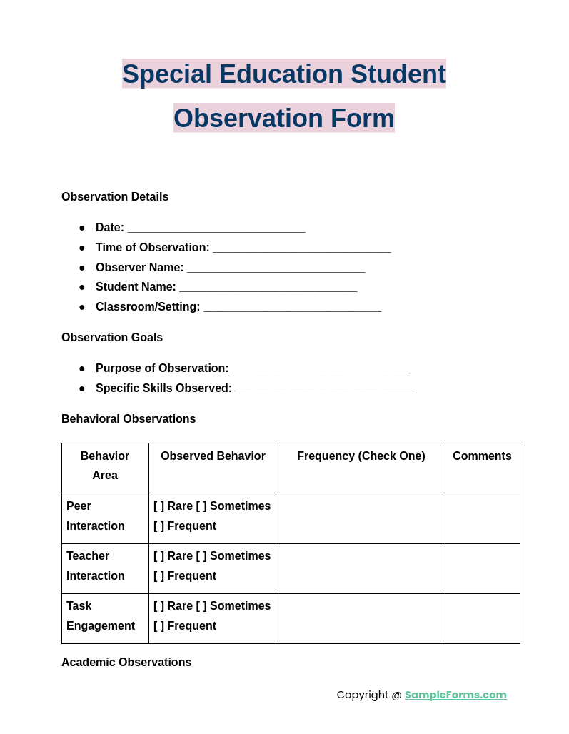 special education student observation form