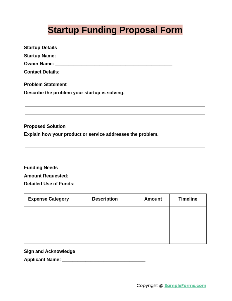 startup funding proposal form