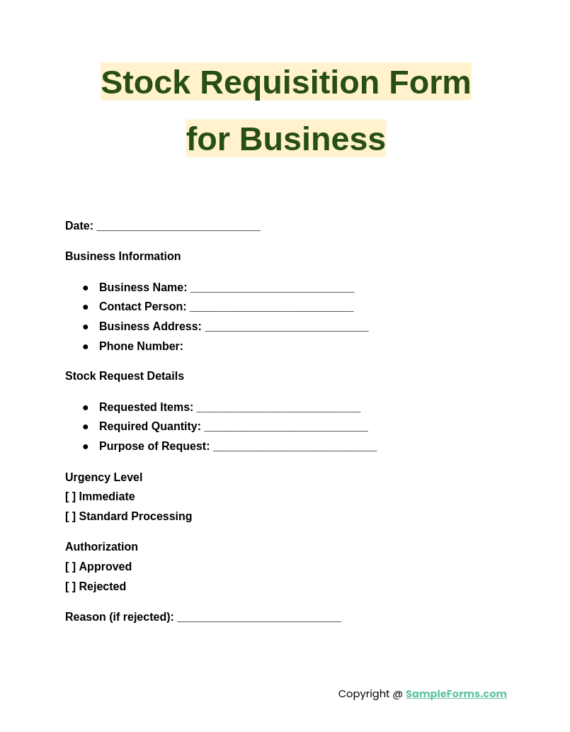 stock requisition form for business