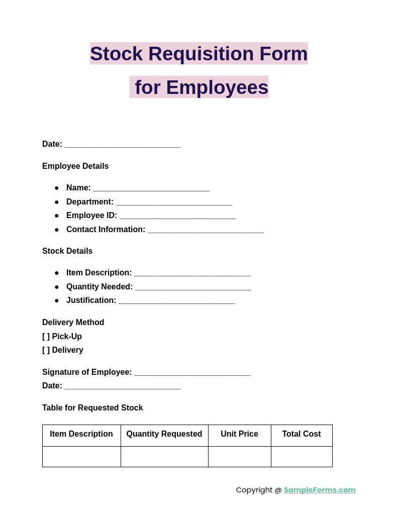 stock requisition form for employees