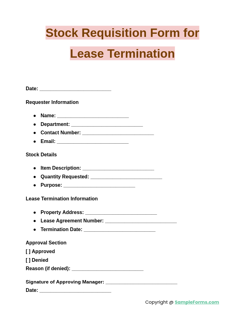 stock requisition form for lease termination