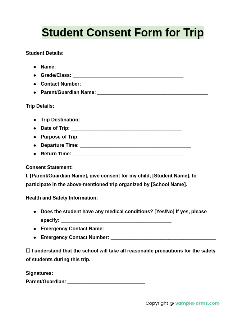 student consent form for trip