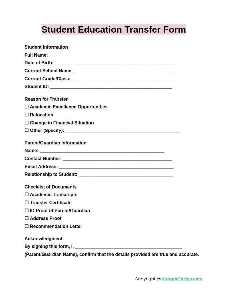 student education transfer form