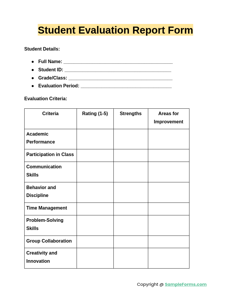 student evaluation report form