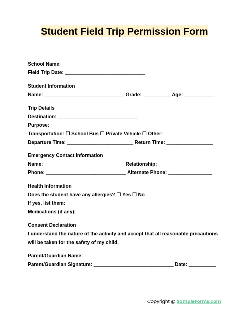 student field trip permission form