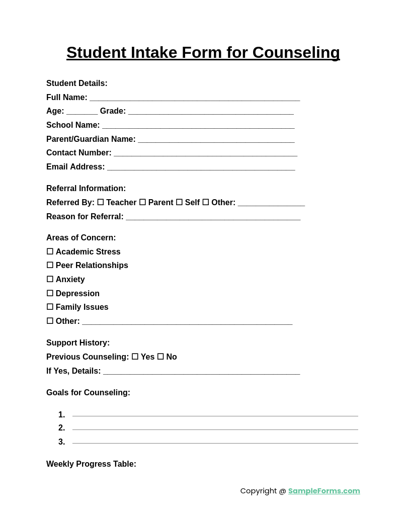 student intake form for counseling 