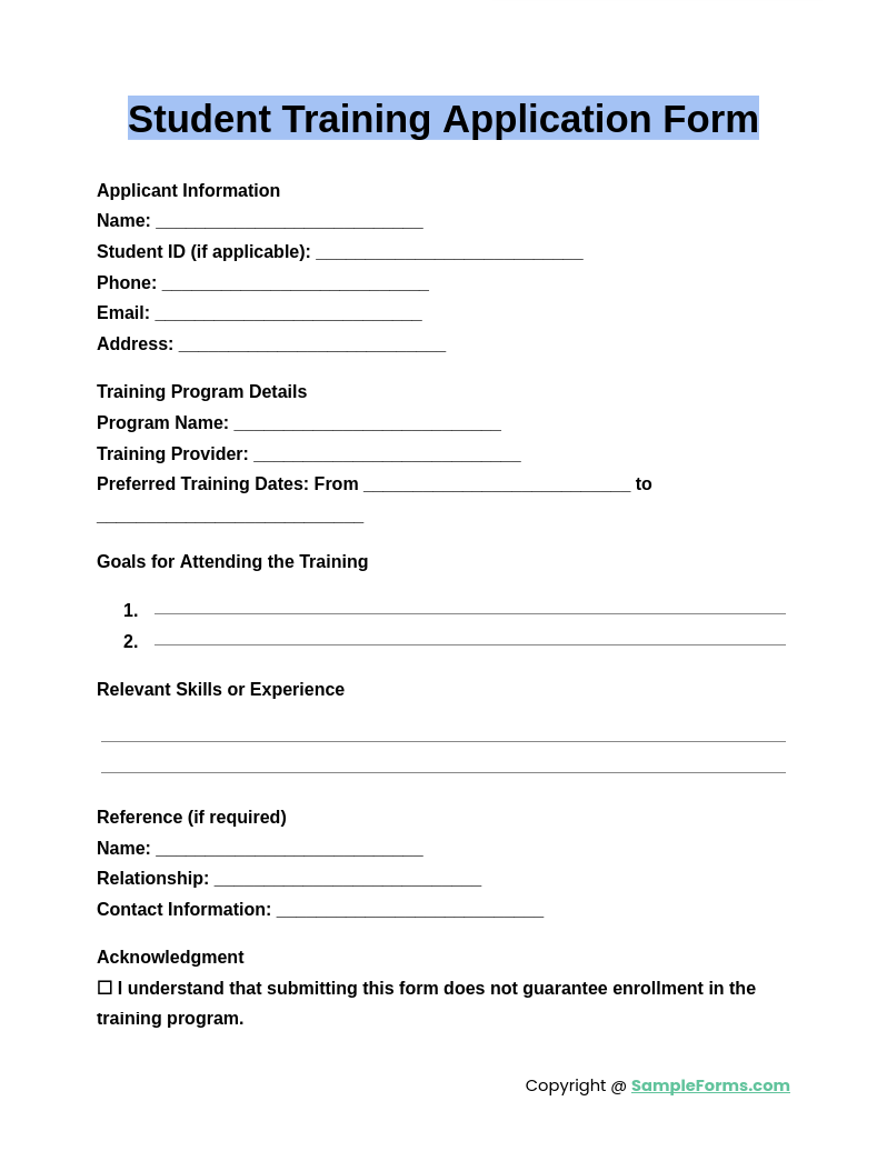 student training application form