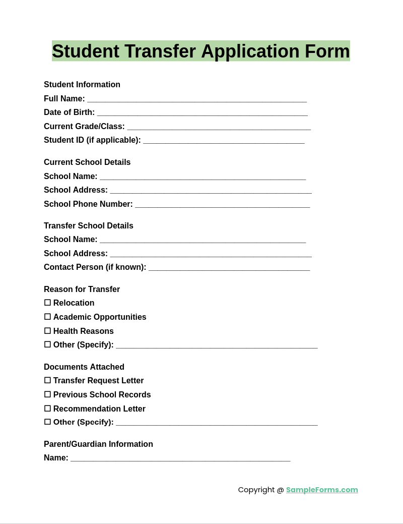 student transfer application form