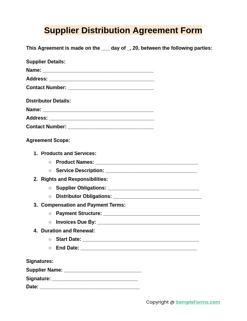 supplier distribution agreement form