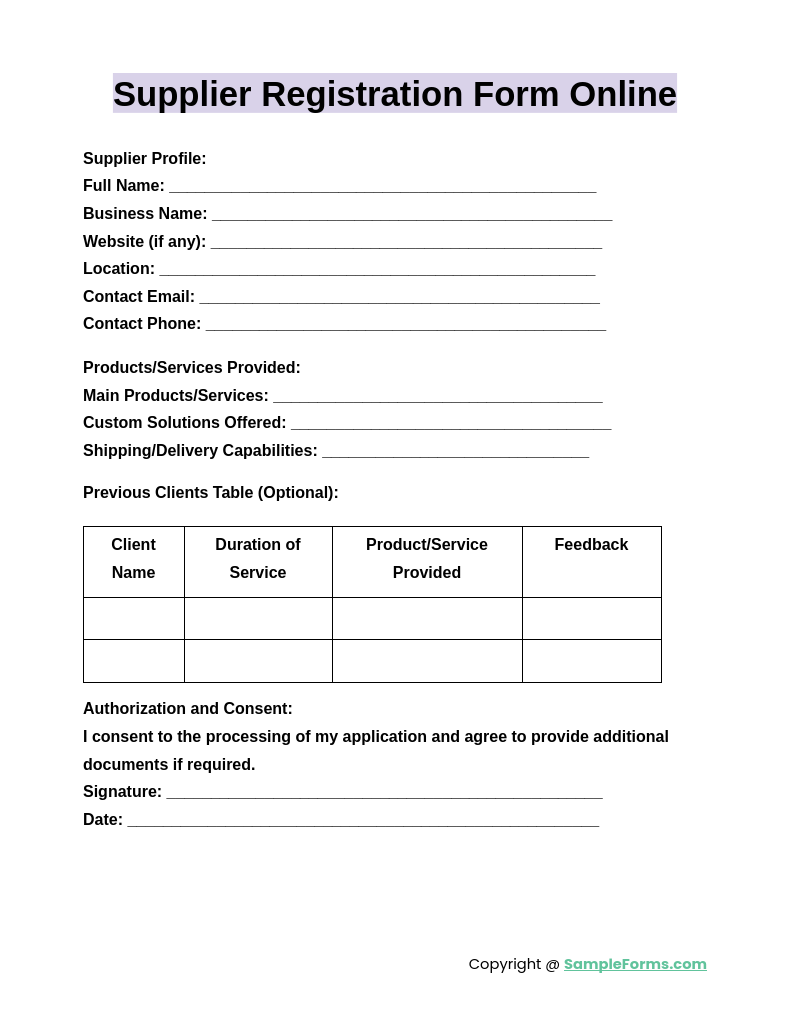 Supplier Registration Form Sample Registration Form
