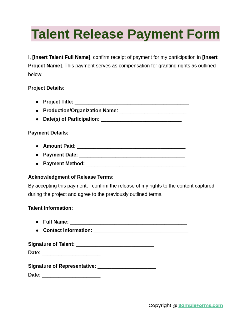 talent release payment form