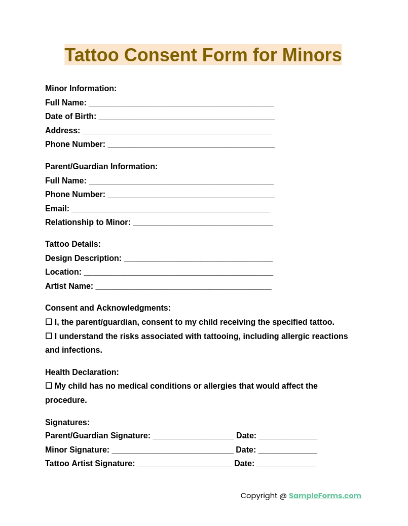 tattoo consent form for minors