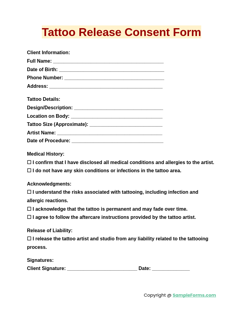 tattoo release consent form