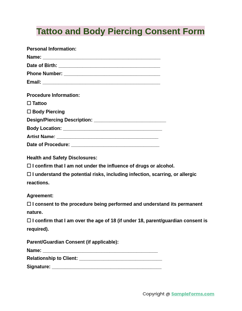 tattoo and body piercing consent form