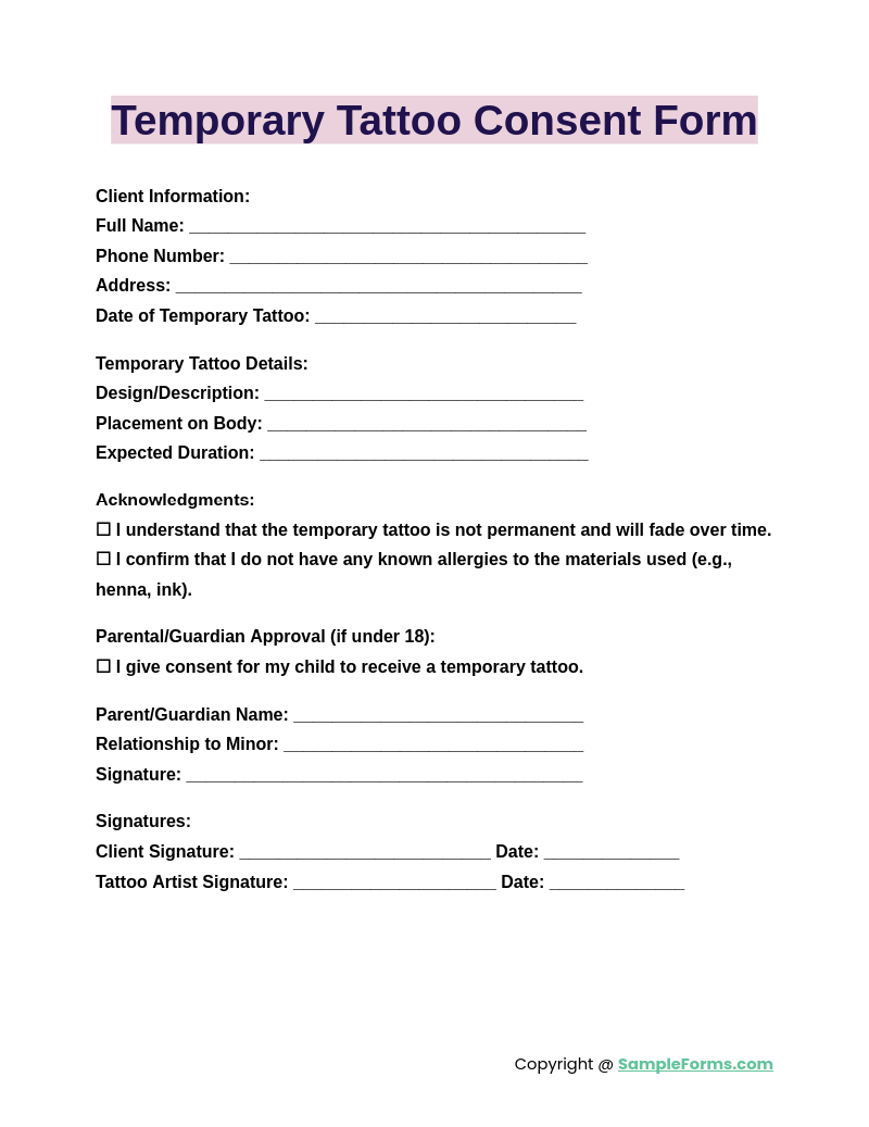 temporary tattoo consent form