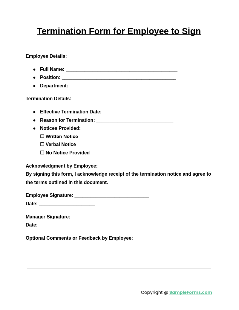 termination form for employee to sign