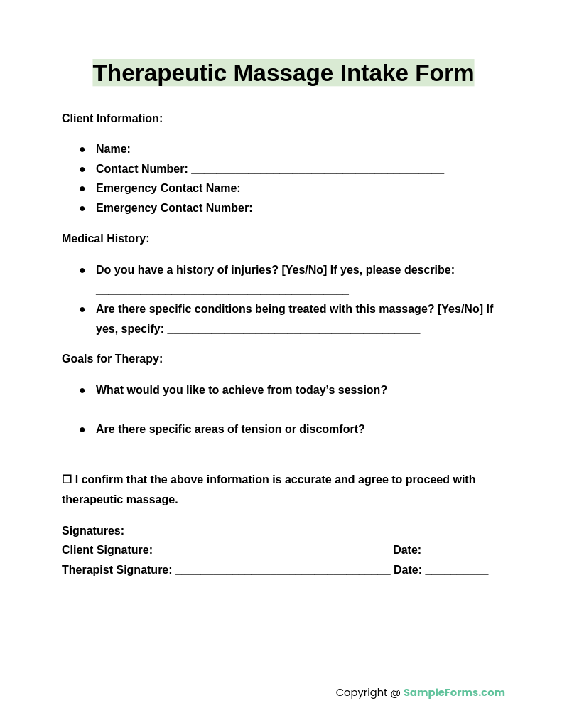 therapeutic massage intake form