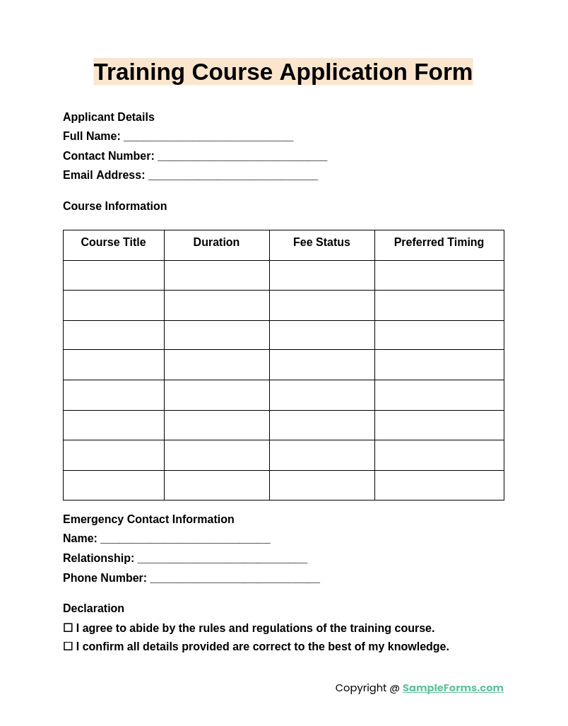 training course application form