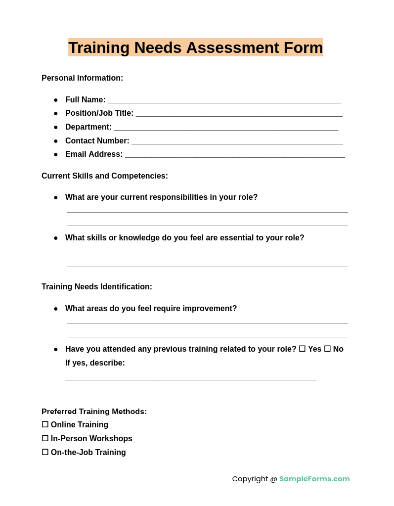 training needs assessment form