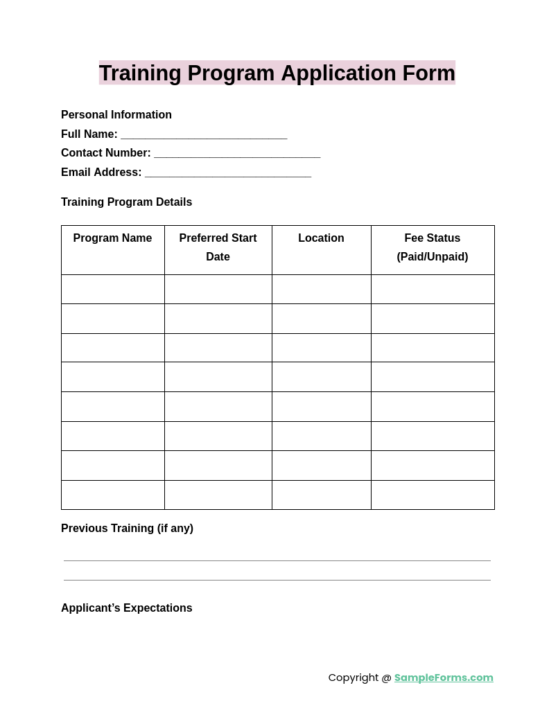 training program application form