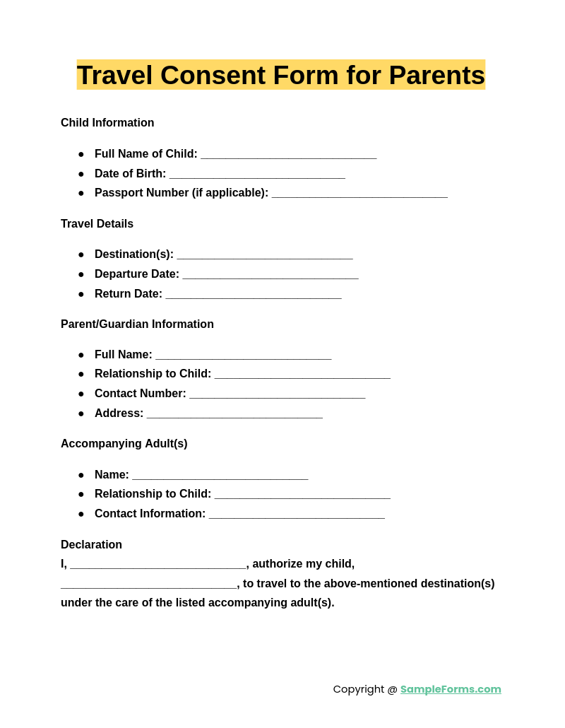 travel consent form for parents