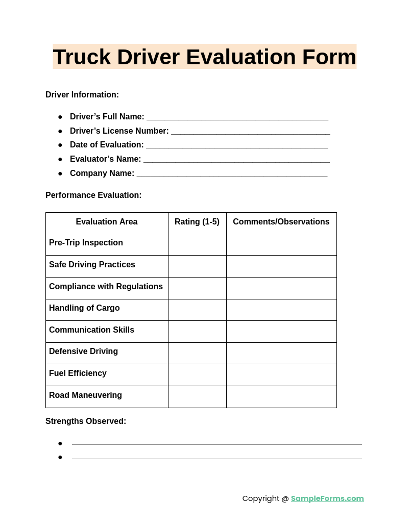 truck driver evaluation form