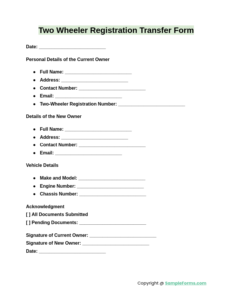 two wheeler registration transfer form