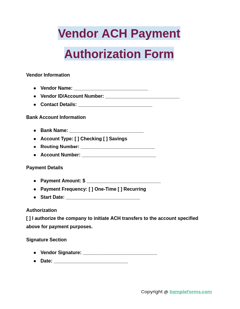 vendor ach payment authorization form