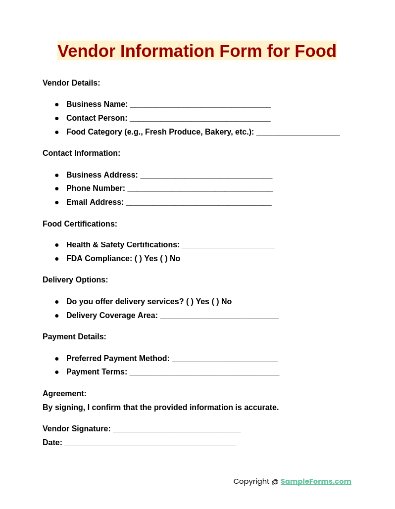 vendor information form for food