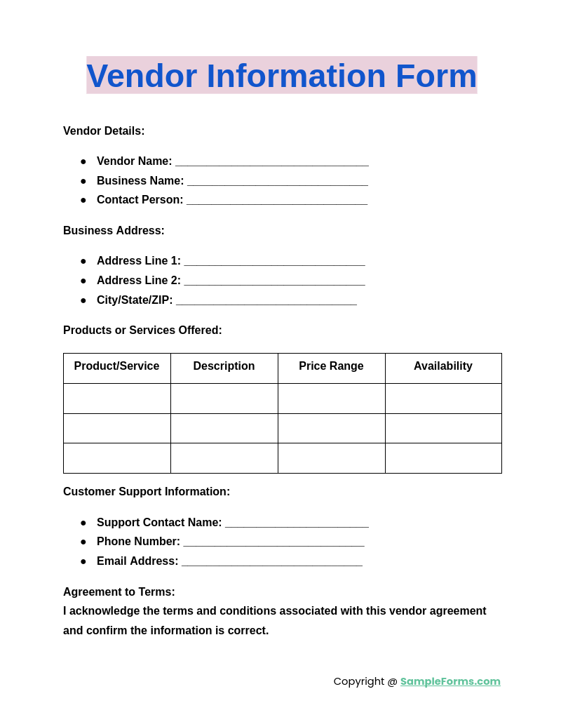 vendor information form for customer