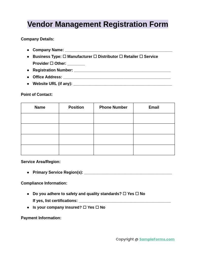 vendor management registration form