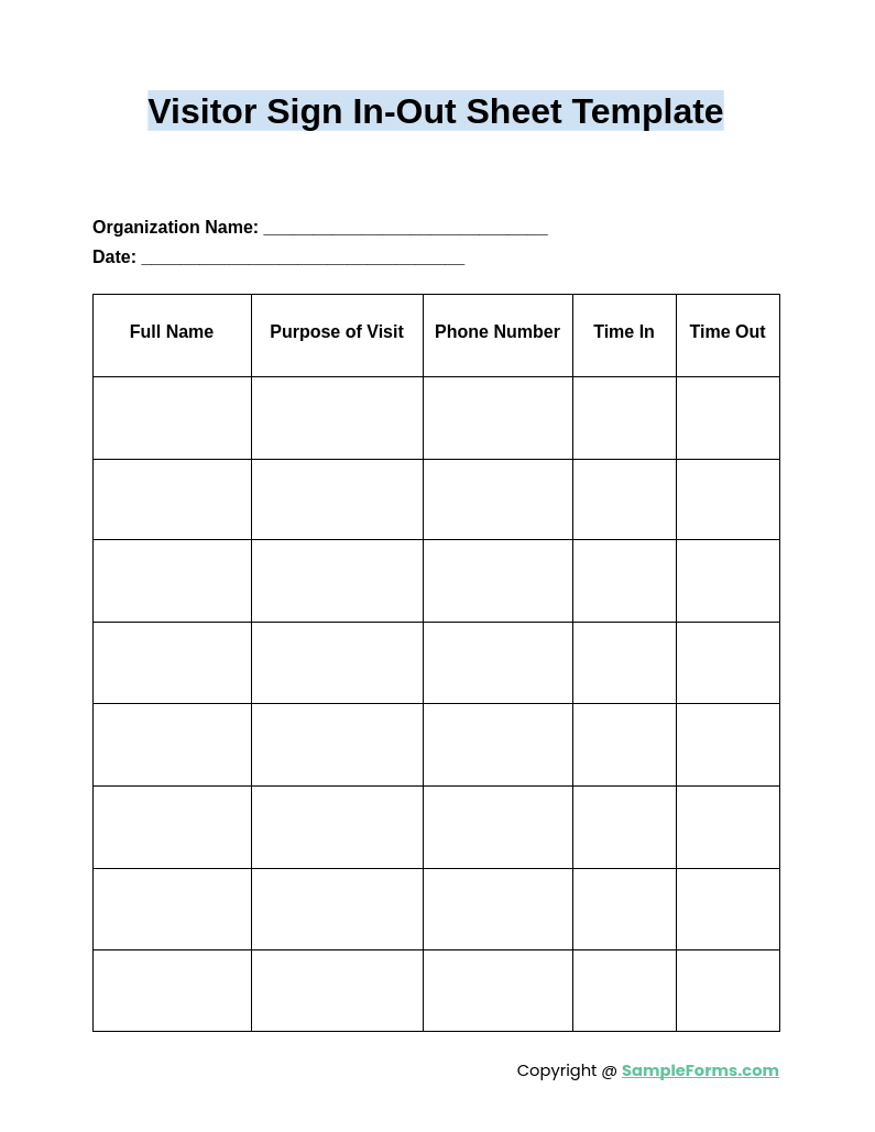 visitor sign in out sheet template