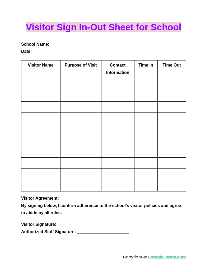 visitor sign in out sheet for school