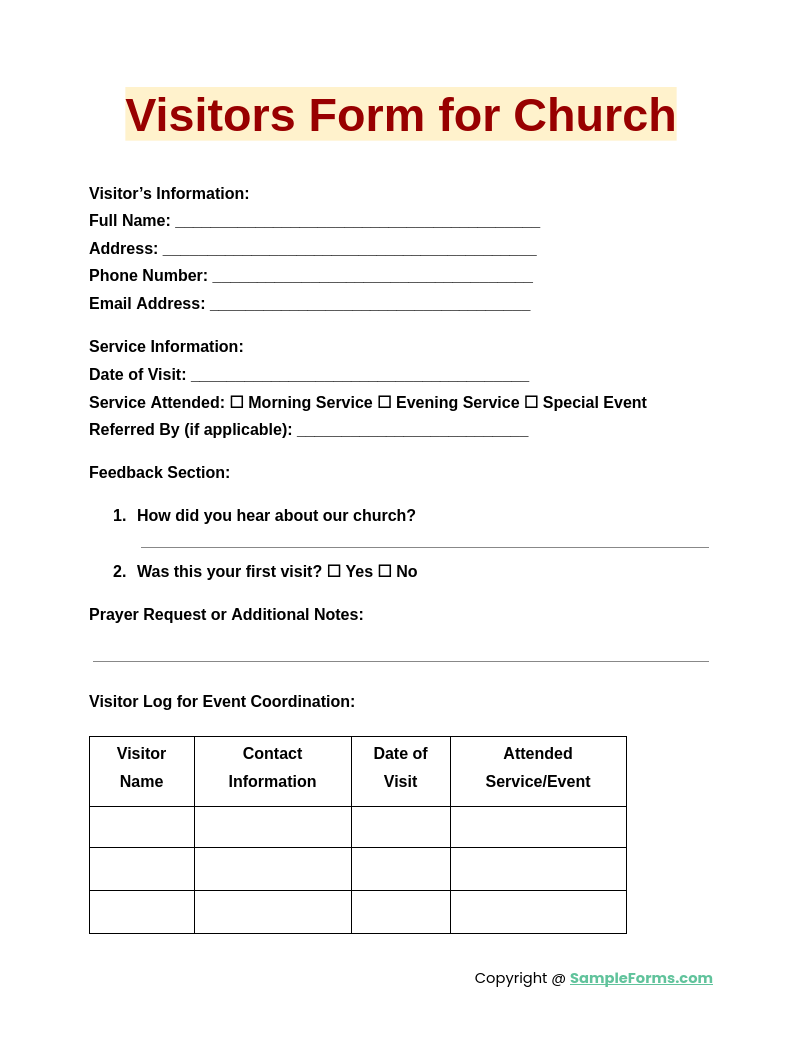 visitors form for church