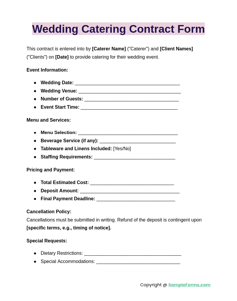 wedding catering contract form