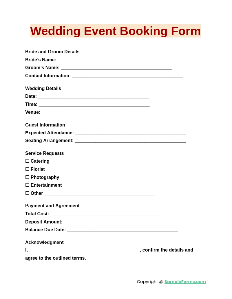 wedding event booking form