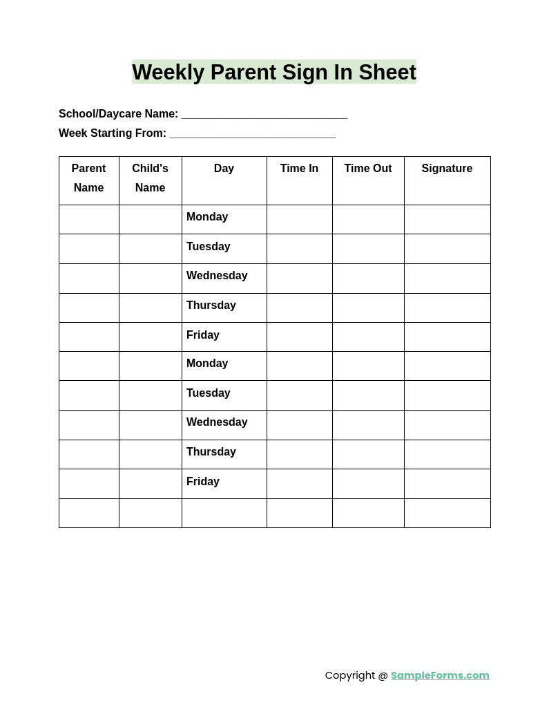 weekly parent sign in sheet