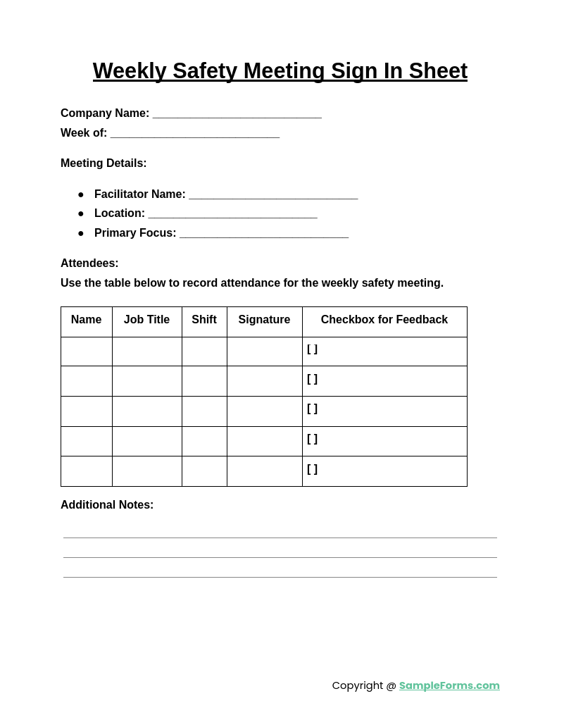 weekly safety meeting sign in sheet