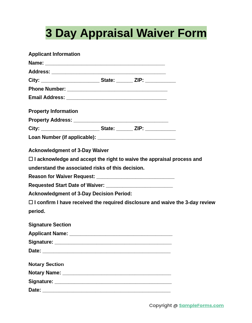 3 day appraisal waiver form