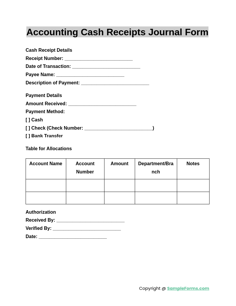 accounting cash receipts journal form